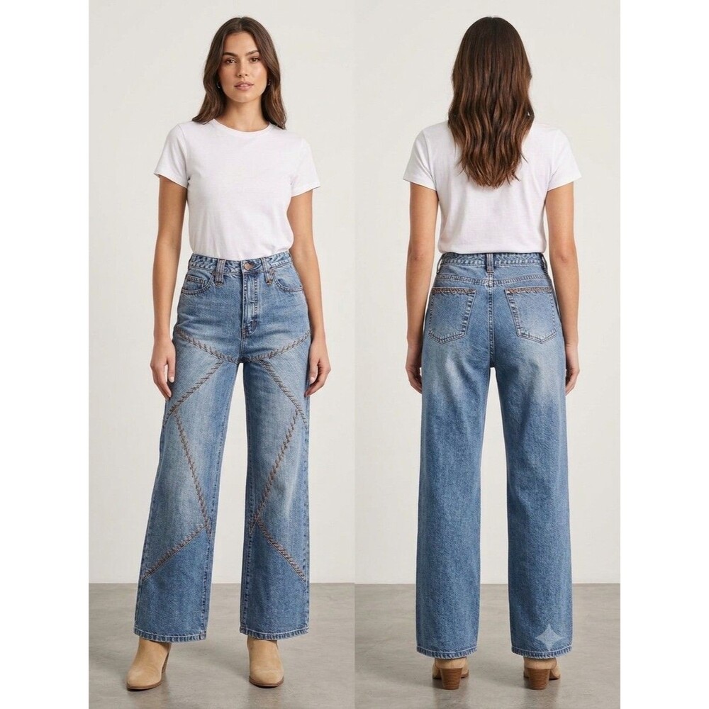 Venezia Whipstitch Jeans Vintage Womens Blue Embroidered Geometric Boho Y2K 16
